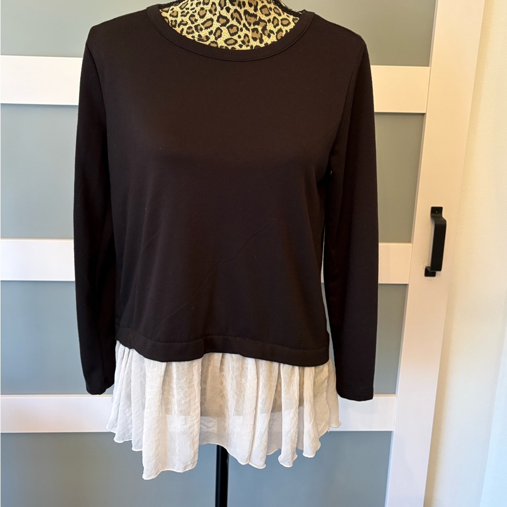 Pebble and Stone Black Long Sleeve Top with Cream Hem